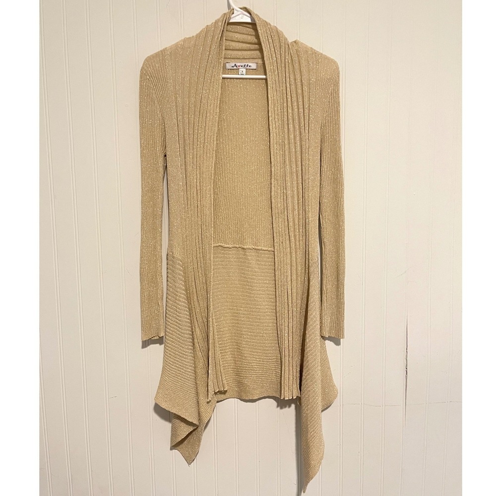 Avette Cardigan Women S Gold Metallic Ribbed Open Waterfall Draped